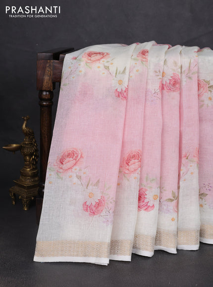 Pure linen silk saree light pink and cream with allover floral digital prints and zari woven border