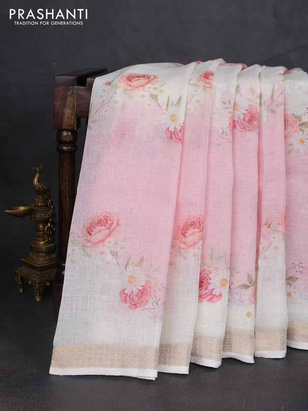 Pure linen saree light pink and cream with allover floral digital prints and zari woven border