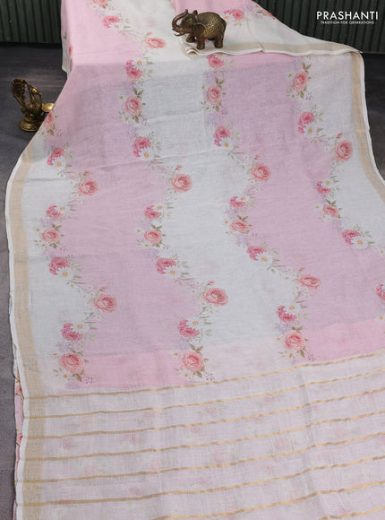 Pure linen silk saree light pink and cream with allover floral digital prints and zari woven border