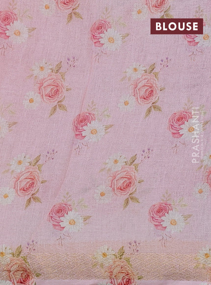 Pure linen silk saree light pink and cream with allover floral digital prints and zari woven border