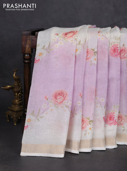 Pure linen silk saree lavender and cream with allover floral digital prints and zari woven border