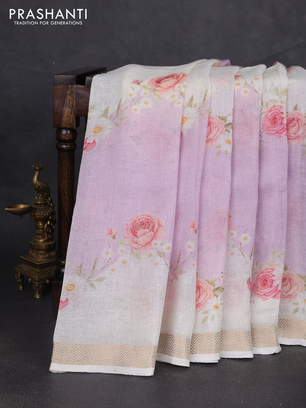 Pure linen saree lavender and cream with allover floral digital prints and zari woven border