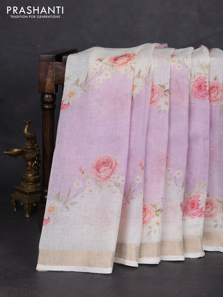 Pure linen saree lavender and cream with allover floral digital prints and zari woven border