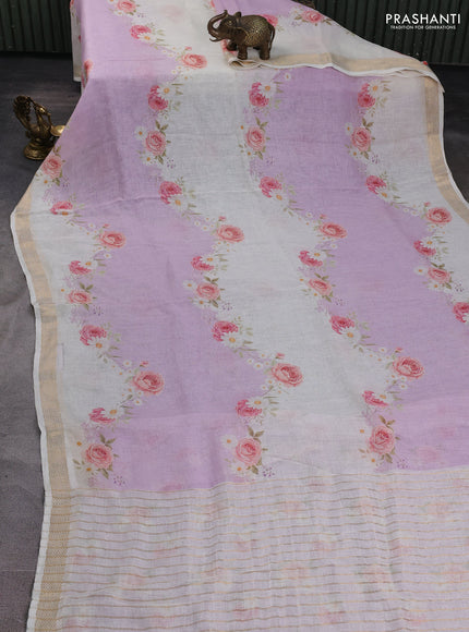 Pure linen silk saree lavender and cream with allover floral digital prints and zari woven border