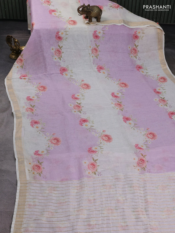 Pure linen saree lavender and cream with allover floral digital prints and zari woven border
