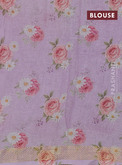 Pure linen silk saree lavender and cream with allover floral digital prints and zari woven border