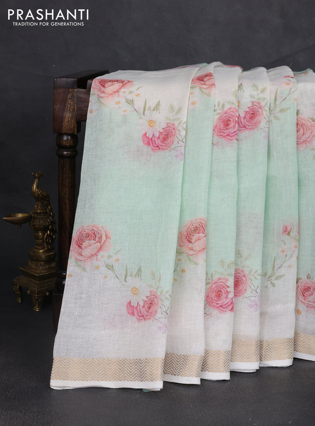 Pure linen silk saree teal green shade and cream with allover floral digital prints and zari woven border