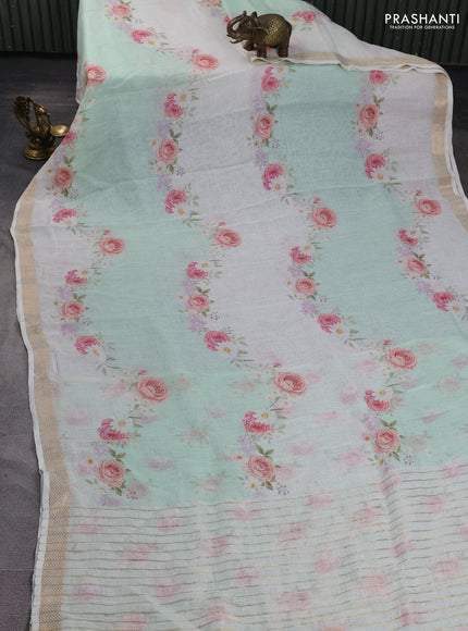 Pure linen silk saree teal green shade and cream with allover floral digital prints and zari woven border