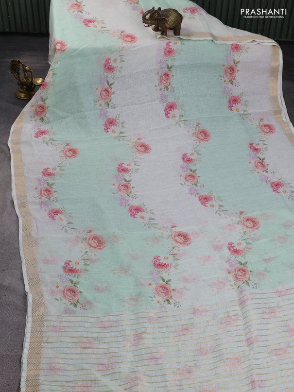 Pure linen saree teal green shade and cream with allover floral digital prints and zari woven border