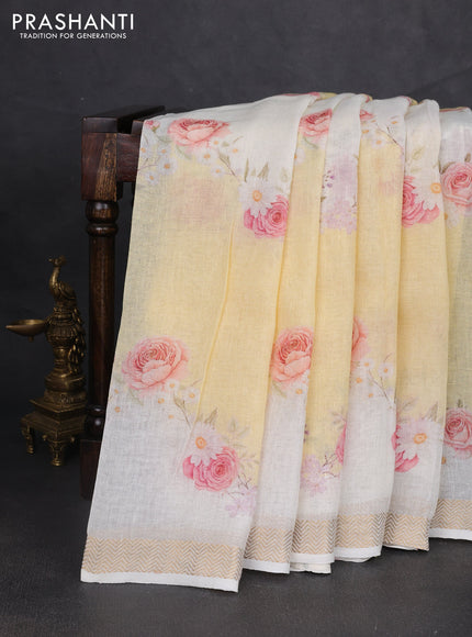 Pure linen silk saree pale yellow and cream with allover floral digital prints and zari woven border