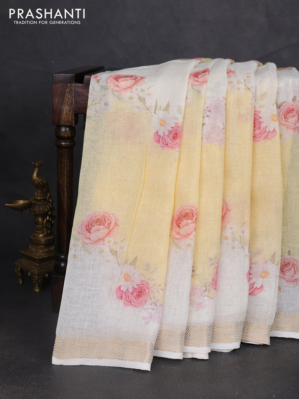 Pure linen saree pale yellow and cream with allover floral digital prints and zari woven border