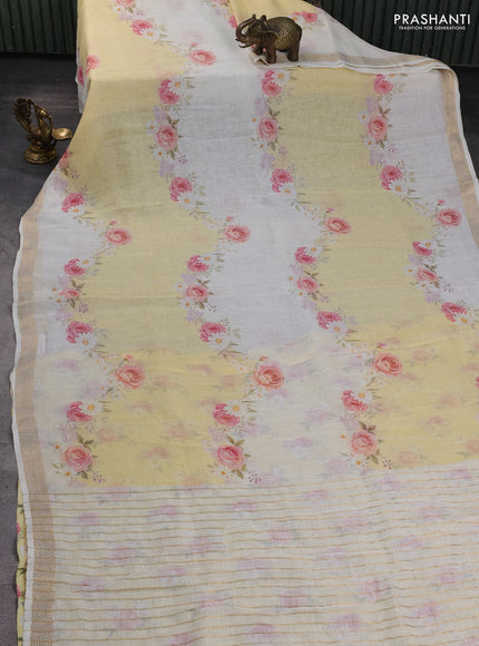 Pure linen silk saree pale yellow and cream with allover floral digital prints and zari woven border