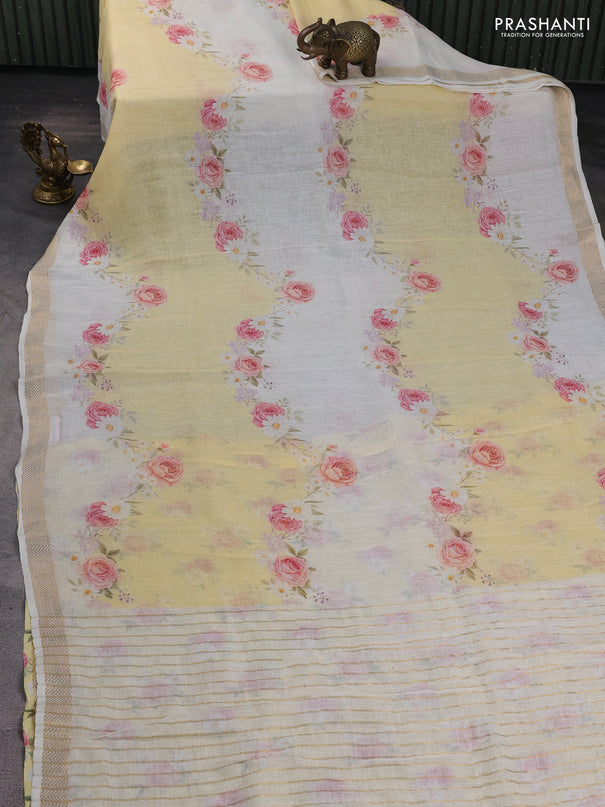 Pure linen saree pale yellow and cream with allover floral digital prints and zari woven border