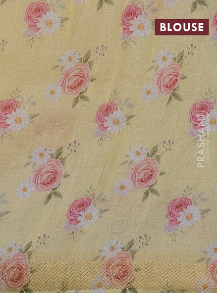 Pure linen silk saree pale yellow and cream with allover floral digital prints and zari woven border
