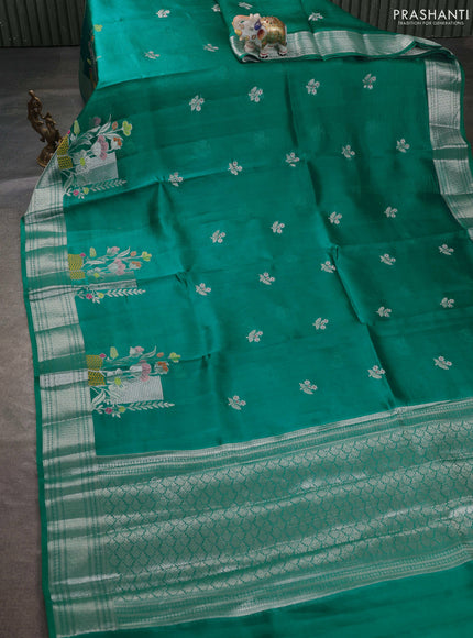 Banarasi poona silk saree teal green with zari woven floral buttas and zari woven border