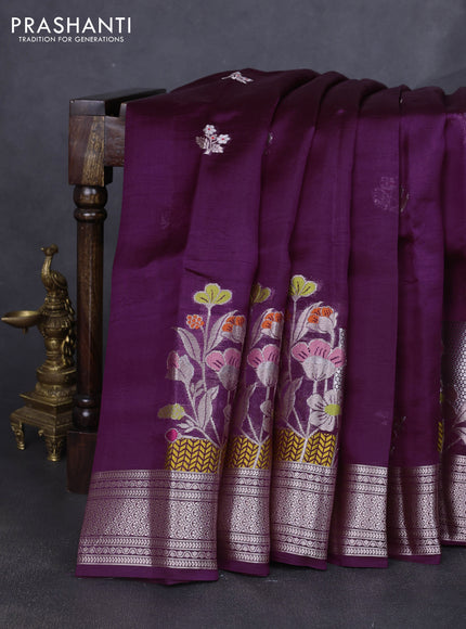 Banarasi poona silk saree deep purple with zari woven floral buttas and zari woven border