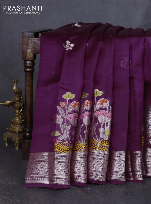Banarasi poona silk saree deep purple with zari woven floral buttas and zari woven border