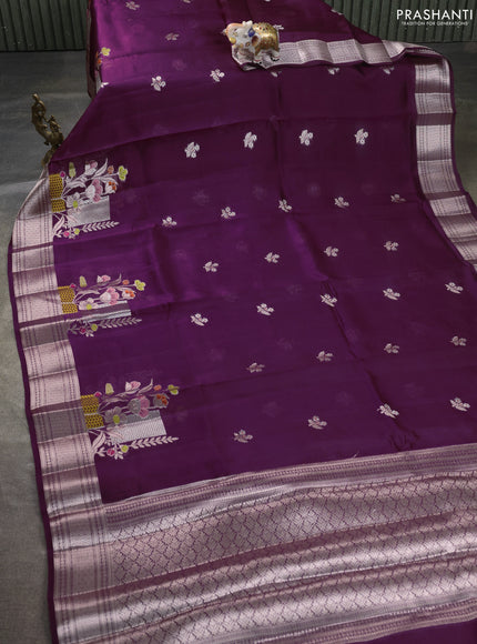 Banarasi poona silk saree deep purple with zari woven floral buttas and zari woven border