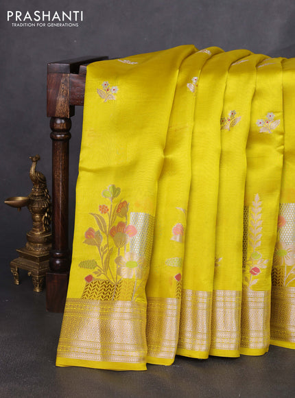 Banarasi poona silk saree lime yellow with zari woven floral buttas and floral design zari woven border