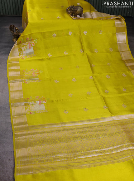 Banarasi poona silk saree lime yellow with zari woven floral buttas and floral design zari woven border