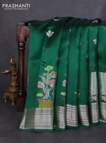 Banarasi poona silk saree green with zari woven floral buttas and floral design zari woven border