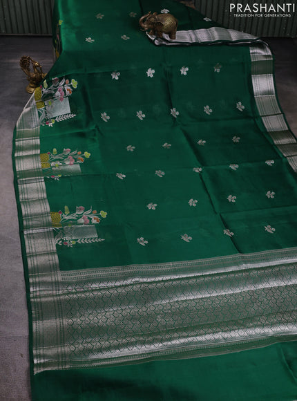 Banarasi poona silk saree green with zari woven floral buttas and floral design zari woven border