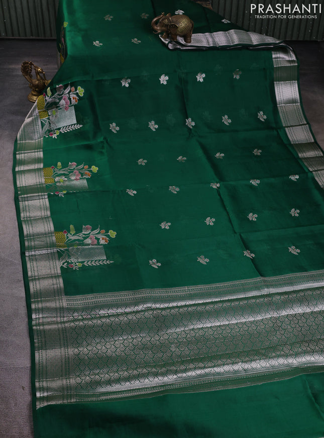 Banarasi poona silk saree green with zari woven floral buttas and floral design zari woven border