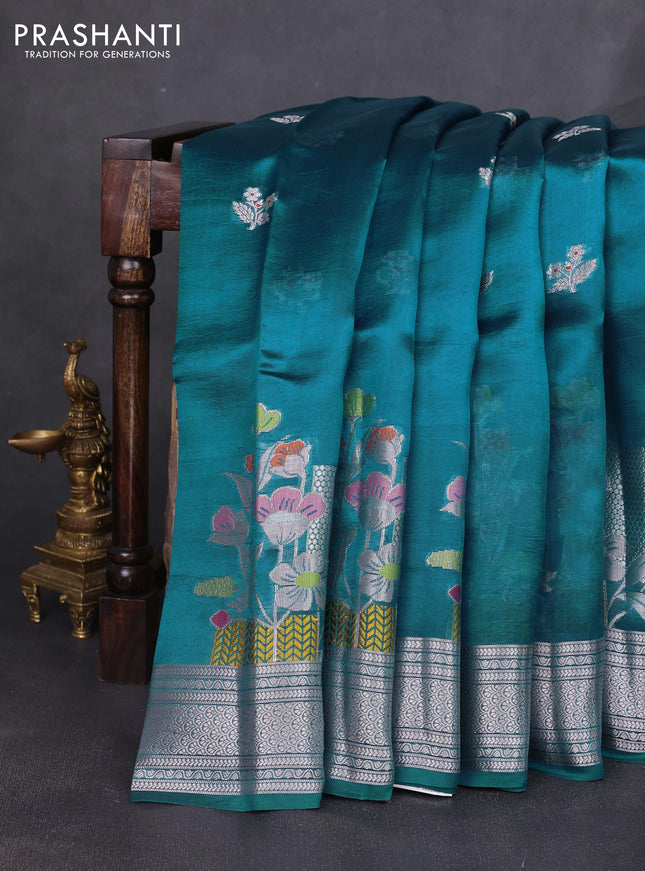 Banarasi poona silk saree cs blue with zari woven floral buttas and floral design zari woven border