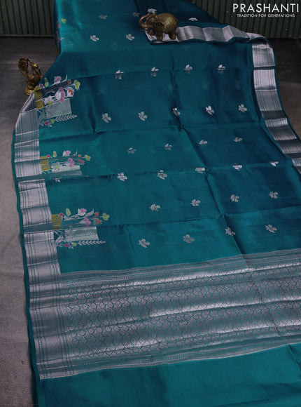 Banarasi poona silk saree cs blue with zari woven floral buttas and floral design zari woven border
