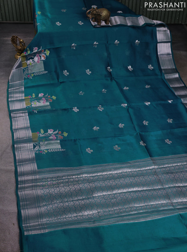 Banarasi poona silk saree cs blue with zari woven floral buttas and floral design zari woven border