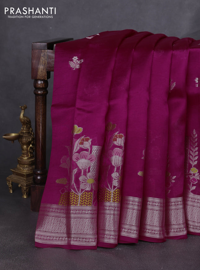 Banarasi poona silk saree pink with zari woven floral buttas and floral design zari woven border