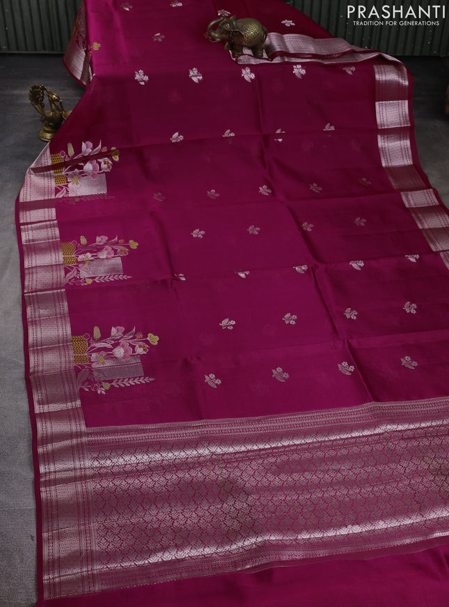 Banarasi poona silk saree pink with zari woven floral buttas and floral design zari woven border