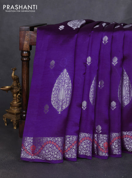 Banarasi poona silk saree violet and pink with silver zari woven buttas and silver zari woven border