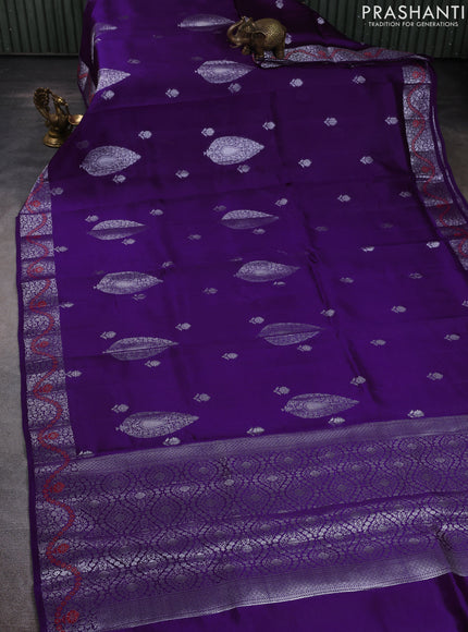 Banarasi poona silk saree violet and pink with silver zari woven buttas and silver zari woven border