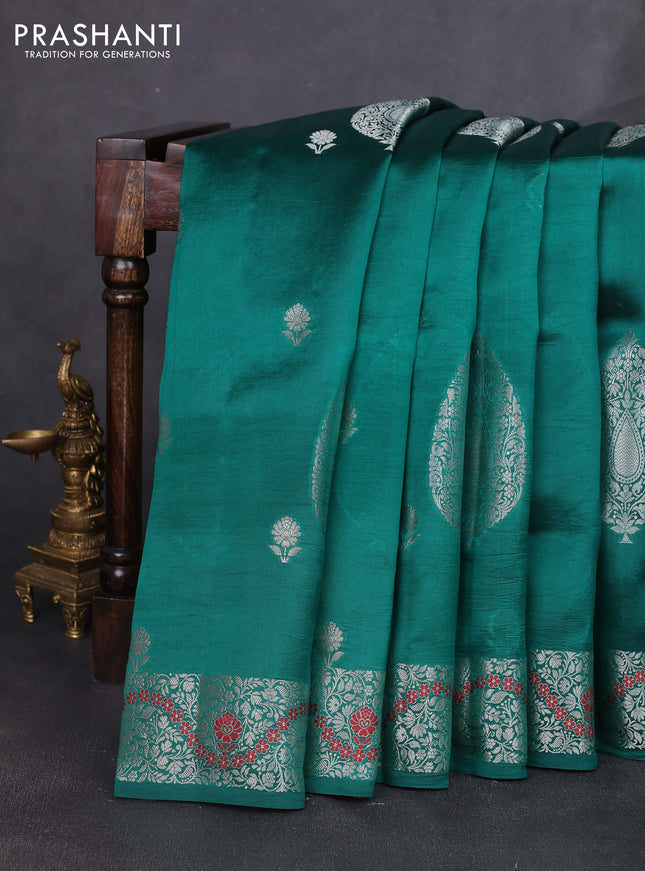 Banarasi poona silk saree green and pink with silver zari woven buttas and silver zari woven border