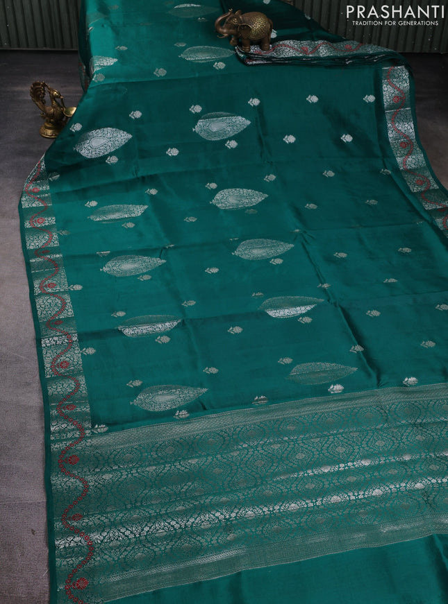 Banarasi poona silk saree green and pink with silver zari woven buttas and silver zari woven border