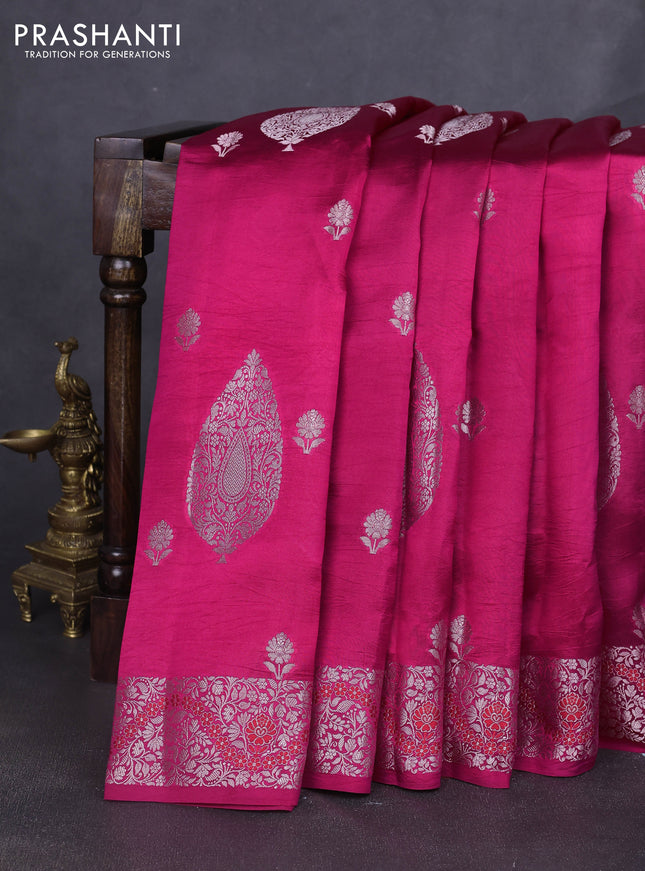 Banarasi poona silk saree pink and violet with silver zari woven buttas and silver zari woven border