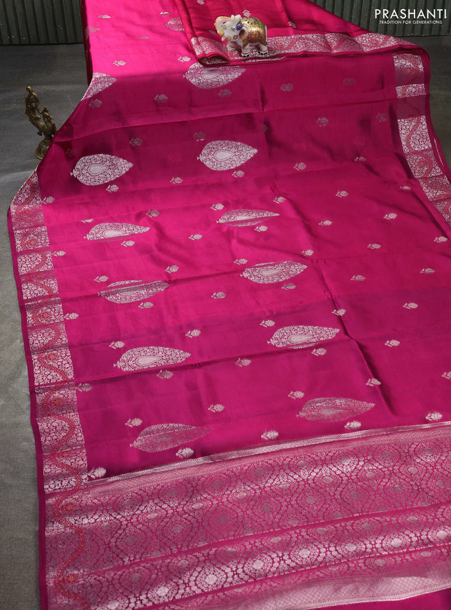 Banarasi poona silk saree pink and violet with silver zari woven buttas and silver zari woven border