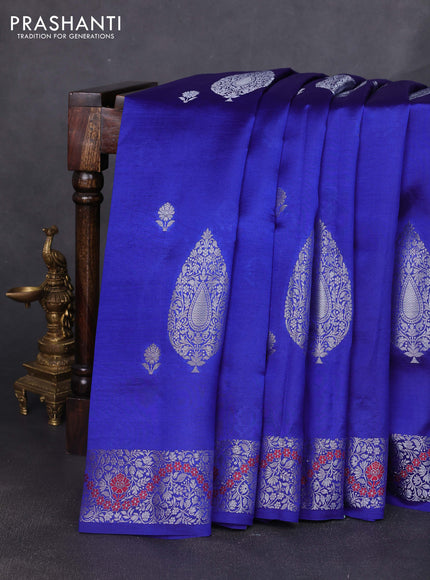 Banarasi poona silk saree blue and pink with silver zari woven buttas and silver zari woven border