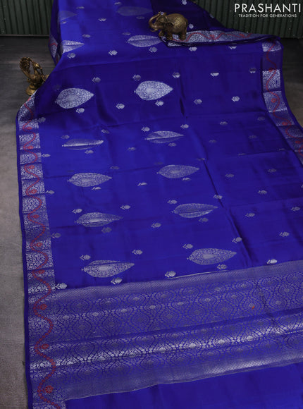 Banarasi poona silk saree blue and pink with silver zari woven buttas and silver zari woven border