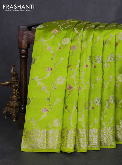 Banarasi poona silk saree florescent green with allover zari weaves and zari woven border