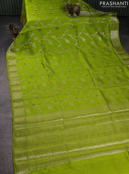 Banarasi poona silk saree florescent green with allover zari weaves and zari woven border