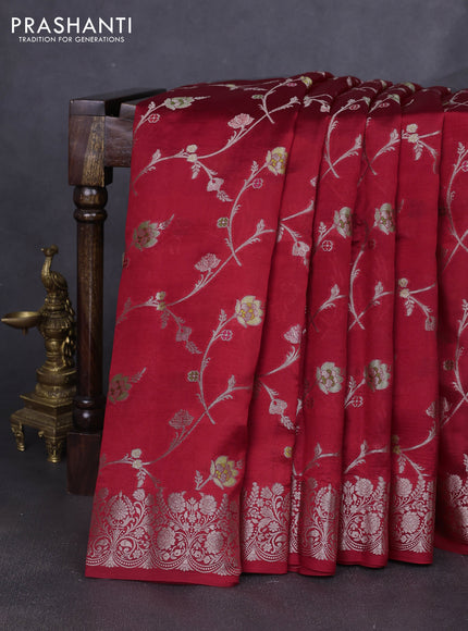 Banarasi poona silk saree red and green with allover zari weaves and zari woven border