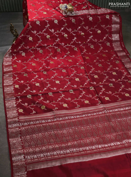 Banarasi poona silk saree red and green with allover zari weaves and zari woven border
