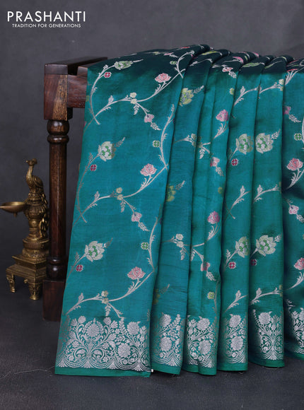 Banarasi poona silk saree cs blue and red with allover zari weaves and zari woven border