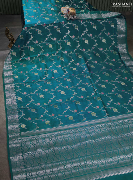 Banarasi poona silk saree cs blue and red with allover zari weaves and zari woven border