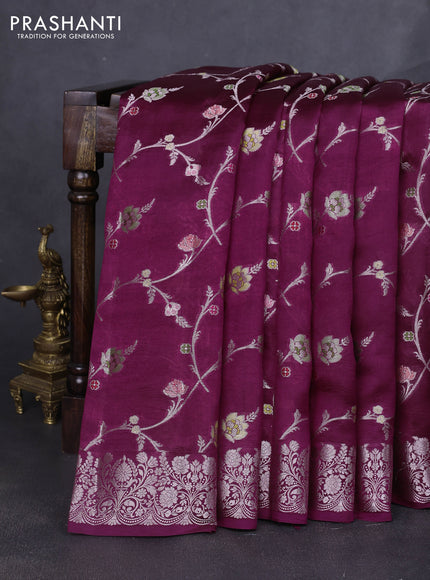 Banarasi poona silk saree wine shade and green with allover zari weaves and zari woven border