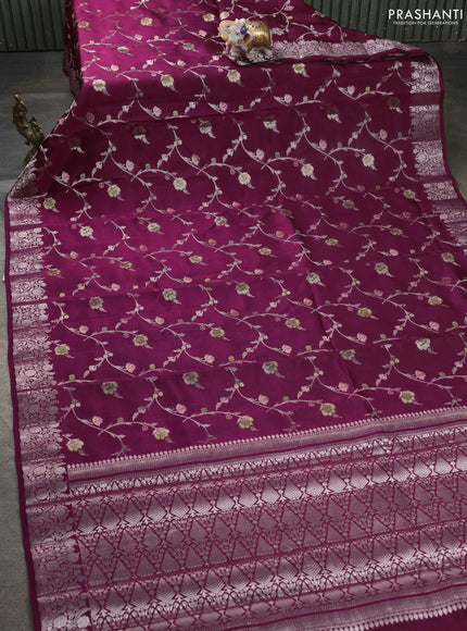 Banarasi poona silk saree wine shade and green with allover zari weaves and zari woven border