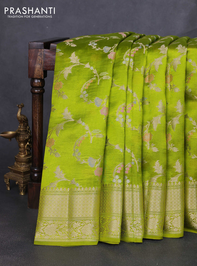 Banarasi poona silk saree light green with allover zari weaves and zari woven border