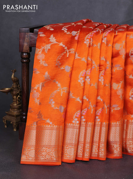 Banarasi poona silk saree orange with allover zari weaves and zari woven border